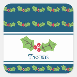 Personalized Christmas Holly & Berries Notebook Square Sticker