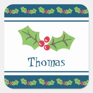 Personalized Christmas Holly & Berries Notebook Square Sticker