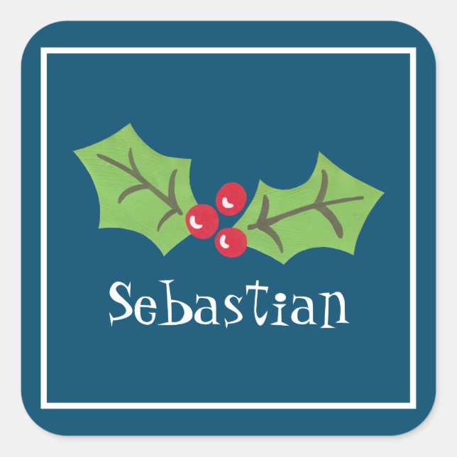 Personalized Christmas Holly & Berries  Square Sti Sticker (Front)