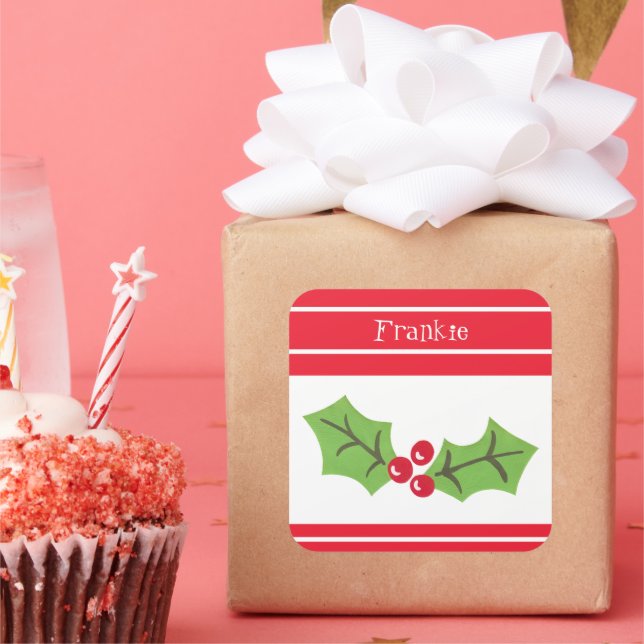 Personalized Christmas Holly & Berries Square Stic Sticker (Party)