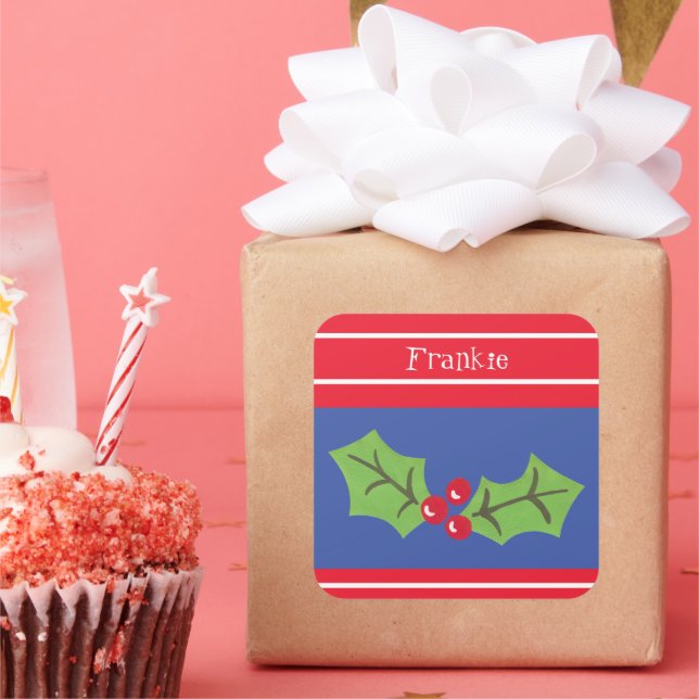 Personalized Christmas Holly & Berries Square Sticker (Party)