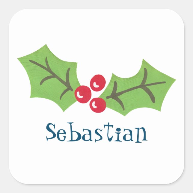 Personalized Christmas Holly & Berries Square Sticker (Front)