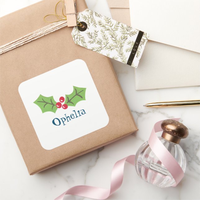Personalized Christmas Holly & Berries Square Sticker (Gifting)