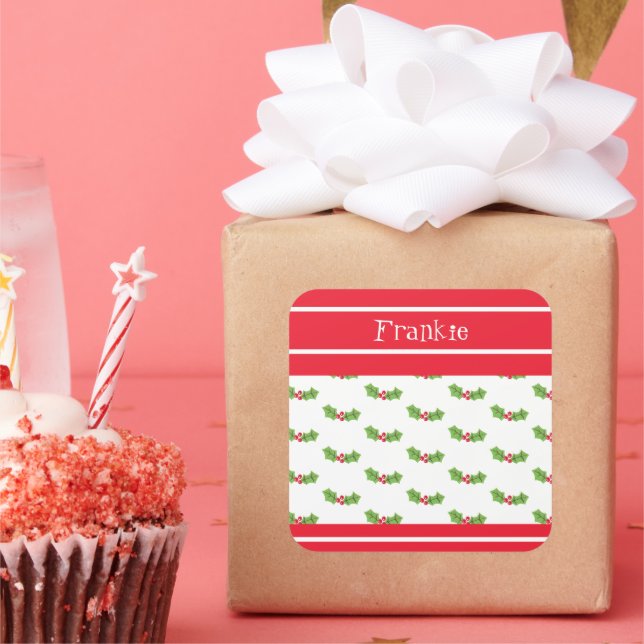 Personalized Christmas Holly & Berries Square Sticker (Party)