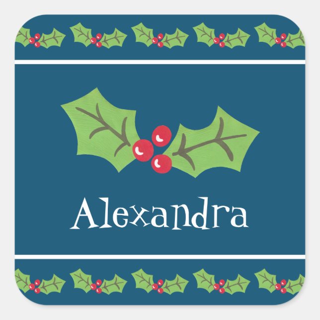 Personalized Christmas Holly & Berries Square Sticker (Front)