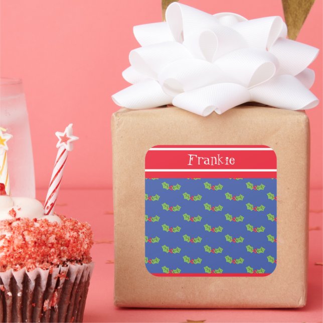 Personalized Christmas Holly & Berries Square Sticker (Party)