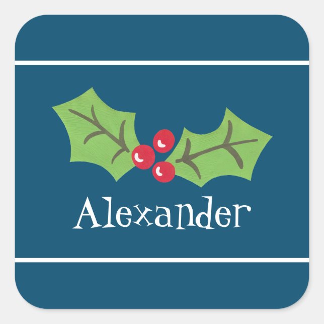 Personalized Christmas Holly & Berries Square Sticker (Front)