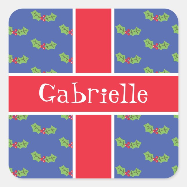 Personalized Christmas Holly & Berries Square Sticker (Front)