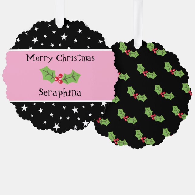 Personalized Christmas Holly & Berries Tree Decoration Card (Front/Back)