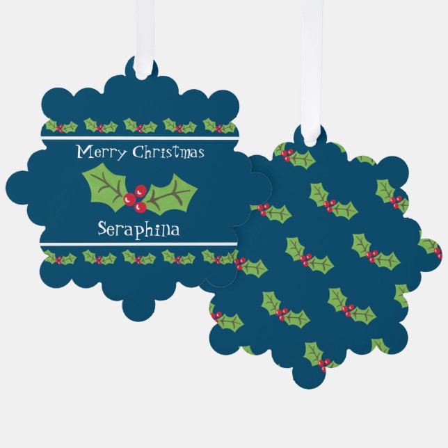 Personalized Christmas Holly & Berries Tree Decoration Card (Front/Back)