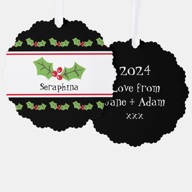 Personalized Christmas Holly & Berries Tree Decoration Card (Front/Back)