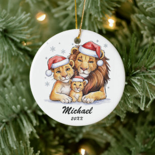Personalized Christmas lion family with Santa Hat  Ceramic Ornament