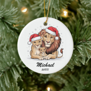 Personalized Christmas lion family with Santa Hat Ceramic Ornament