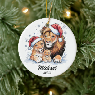 Personalized Christmas lion family with Santa Hat  Ceramic Ornament