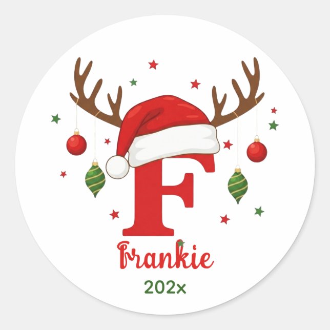 Personalized Christmas Monogram F Santa Hat Classic Round Sticker (Front)