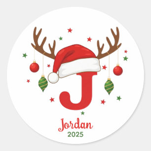 Personalized Christmas Monogram J Santa Hat Classic Round Sticker