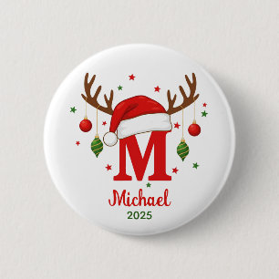 Personalized Christmas Monogram M Santa Hat 6 Cm Round Badge
