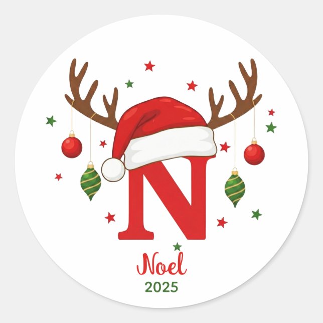 Personalized Christmas Monogram N Santa Hat Classic Round Sticker (Front)