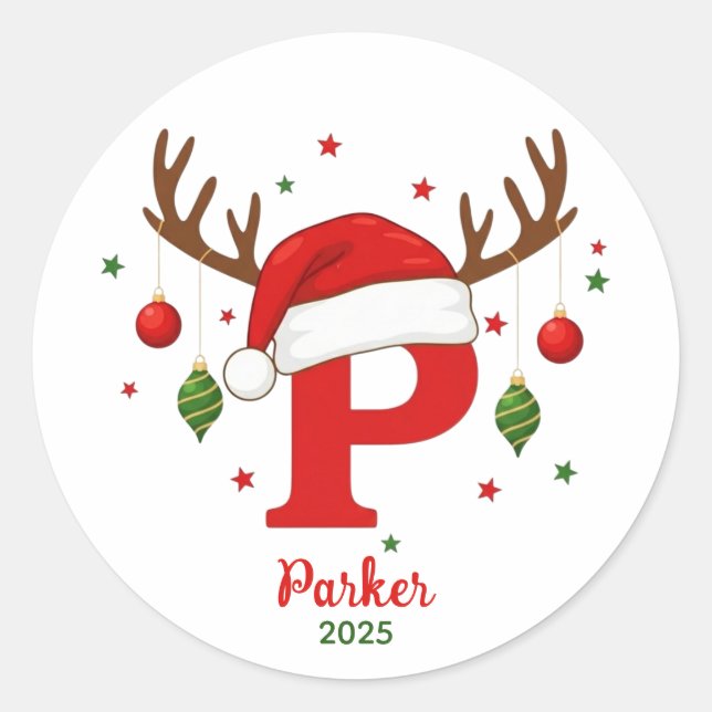 Personalized Christmas Monogram P Santa Hat Classic Round Sticker (Front)