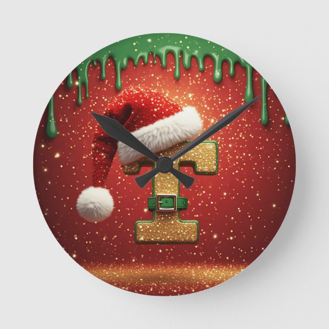 Personalized Christmas Monogram T with Santa Hat Round Clock (Front)