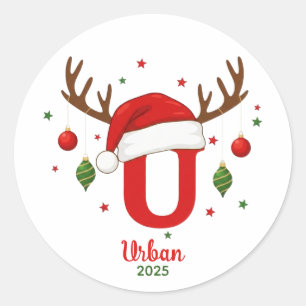 Personalized Christmas Monogram U Santa Hat Classic Round Sticker