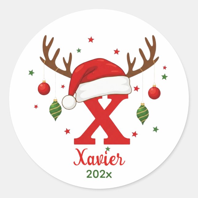 Personalized Christmas Monogram X Santa Hat Classic Round Sticker (Front)
