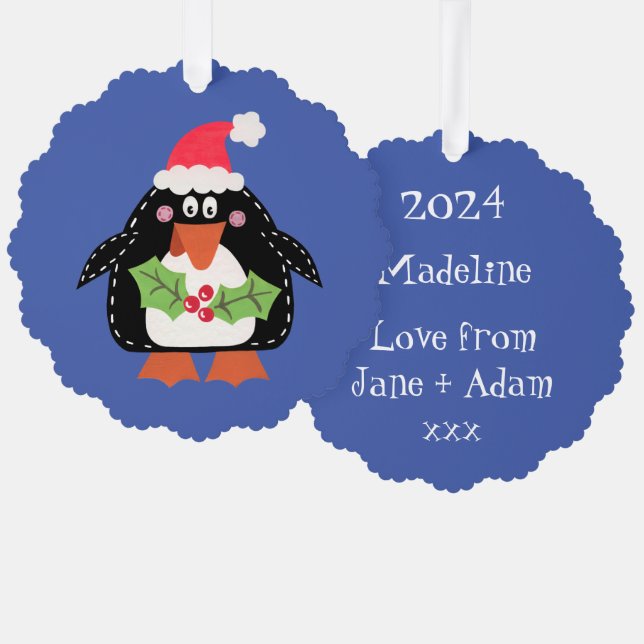 Personalized Christmas Penguin Tree Decoration Card (Front/Back)