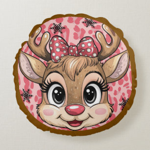 Personalized Christmas pink reindeer Round Cushion