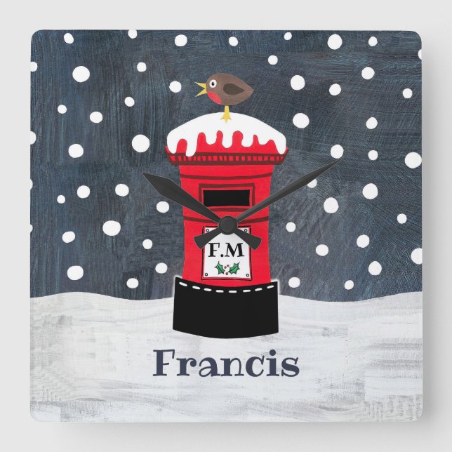 Personalized Christmas Post Box & Robin Square Wall Clock (Front)