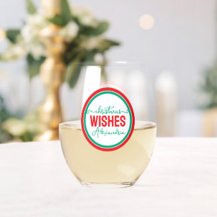 Personalized Christmas Red and Green Party Favor Stemless Wine Glass
