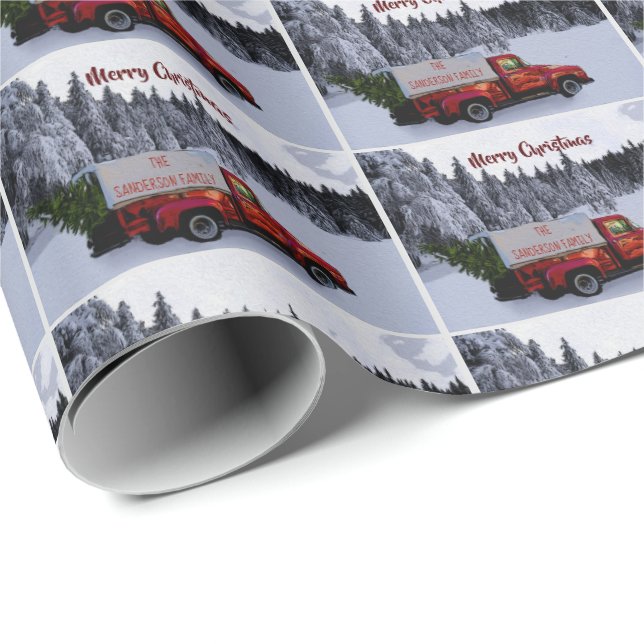 Personalized Christmas Red Vintage Truck Wrapping Paper (Roll Corner)