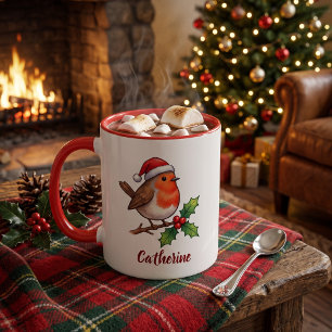 Personalized Christmas Robin with Santa Hat Mug