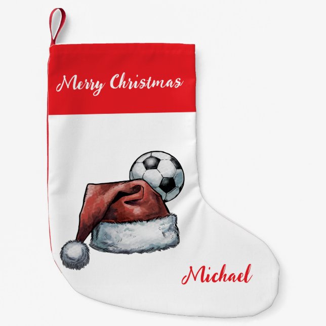 Personalized Christmas Soccer Ball with hat santa  Small Christmas Stocking (Front)