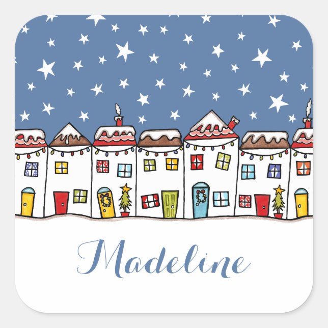 Personalized Christmas Street Snow Scene Square Sticker (Front)