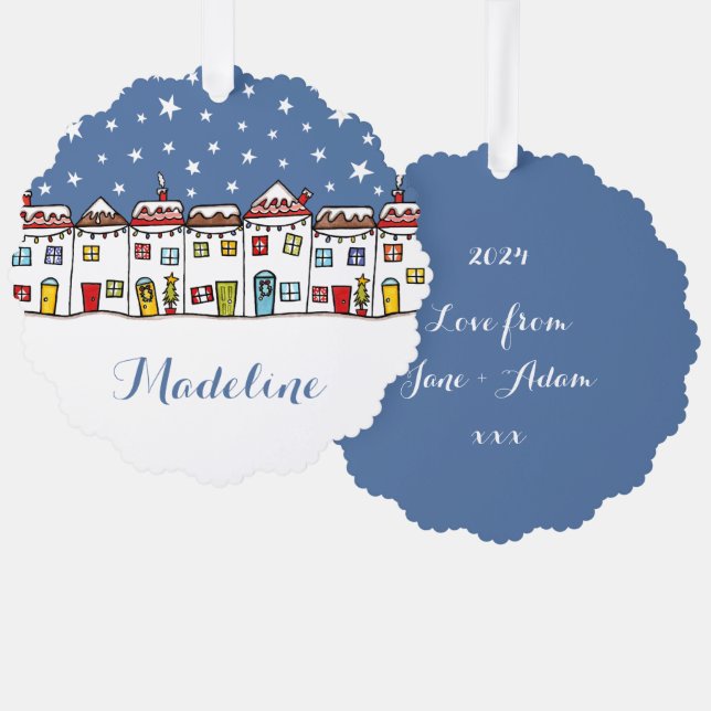 Personalized Christmas Street Snow Scene Tree Decoration Card (Front/Back)