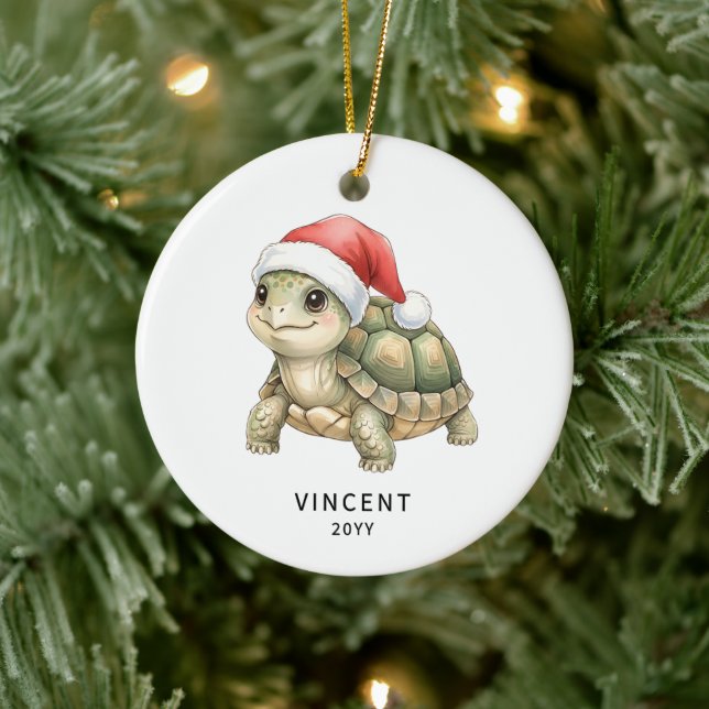 Personalized Christmas Tortoise with Santa Hat Ceramic Ornament (Tree)