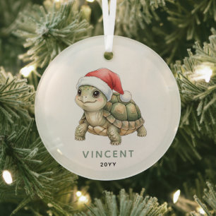Personalized Christmas Tortoise with Santa Hat Glass Tree Decoration