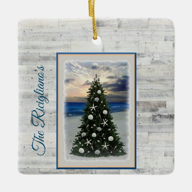 Personalized Christmas Tree Beach Ceramic Ornament