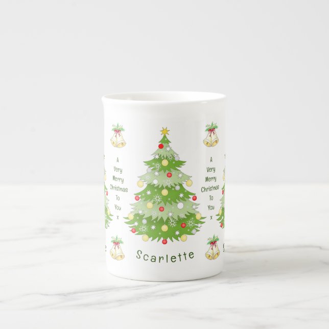 Personalized Christmas Tree & Bells Bone China Mug (Front)