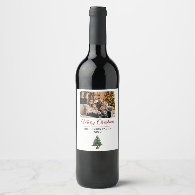 Personalized Christmas Tree Family Photo  Wine Label (Front)