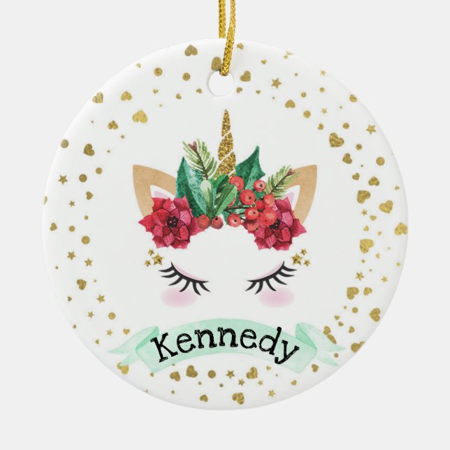 Personalized Christmas Unicorn Christmas Ornament (Front)