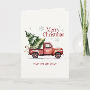 Personalized Christmas watercolor Red Truck        Holiday Card