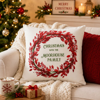 Personalized Christmas Wreath Family Name Holiday Cushion