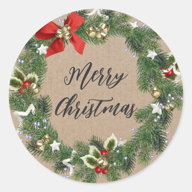 Personalized Christmas Wreath Merry Christmas  Cla Classic Round Sticker (Front)