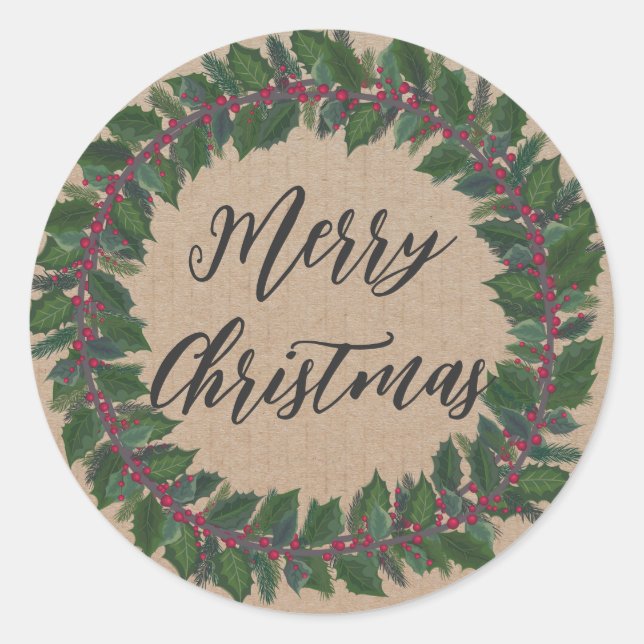 Personalized Christmas Wreath Merry Christmas Clas Classic Round Sticker (Front)