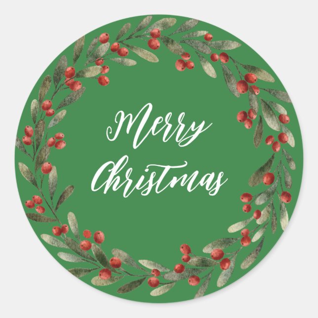 Personalized Christmas Wreath Merry Christmas Classic Round Sticker (Front)