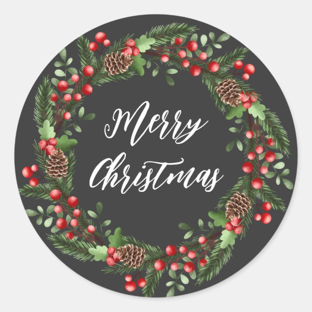 Personalized Christmas Wreath Merry Christmas Classic Round Sticker (Front)