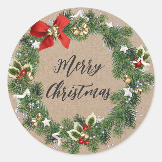 Personalized Christmas Wreath Merry Christmas Classic Round Sticker (Front)
