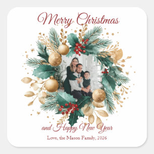Personalized Christmas Wreath Photo Card Square Sticker