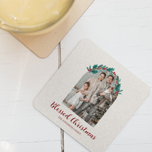 Personalized Christmas Wreath Photo Paper Coaster